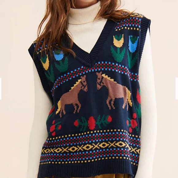 Free People Found Horse Isles Knit Navy Blue Sweater Vest NWOT - Picture 5 of 5